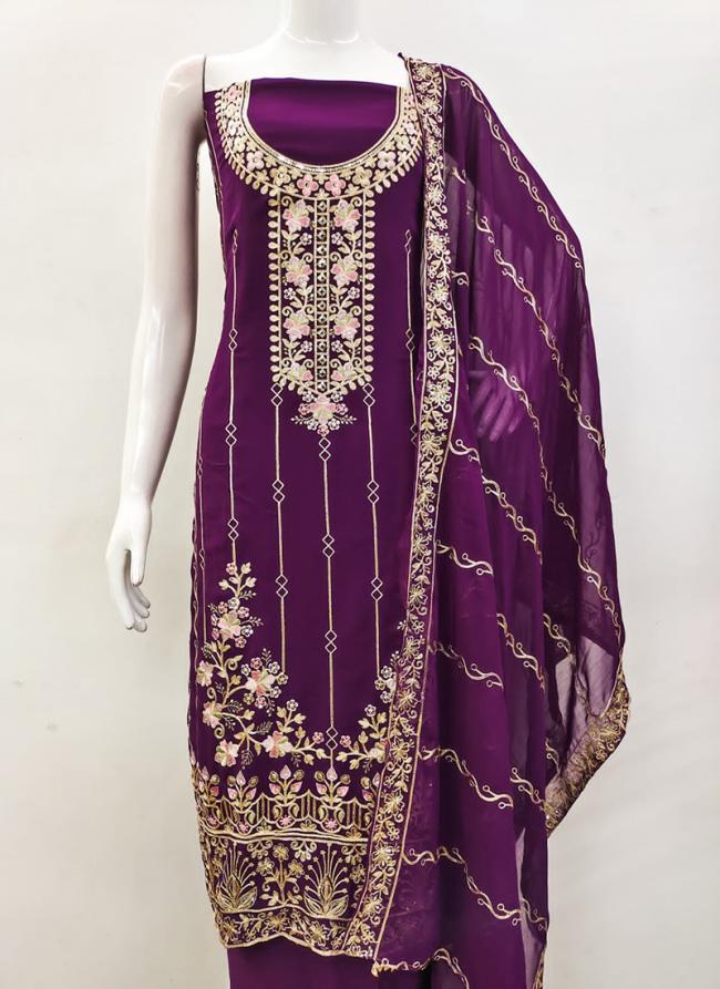 Georgette Magenta Traditional Wear Embroidery Work Dress Material